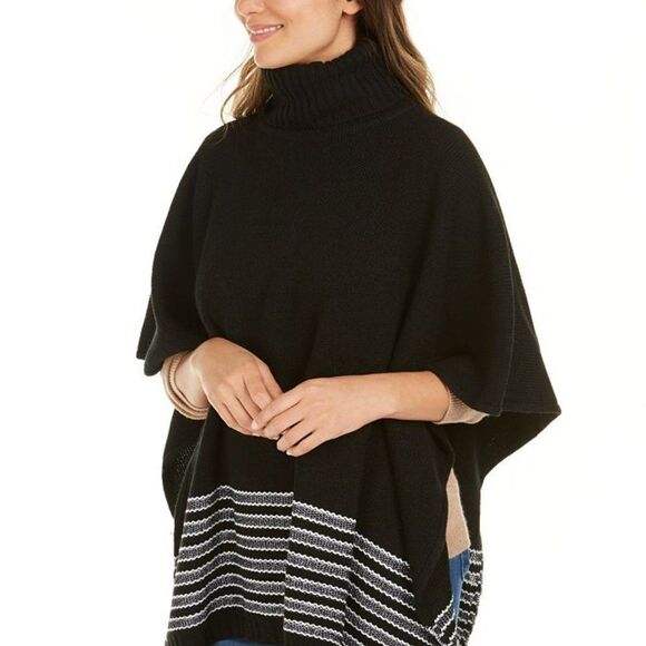 Michael Kors Black Knit Pullover Textured Metallic Stripe Poncho -One Size - Picture 1 of 12
